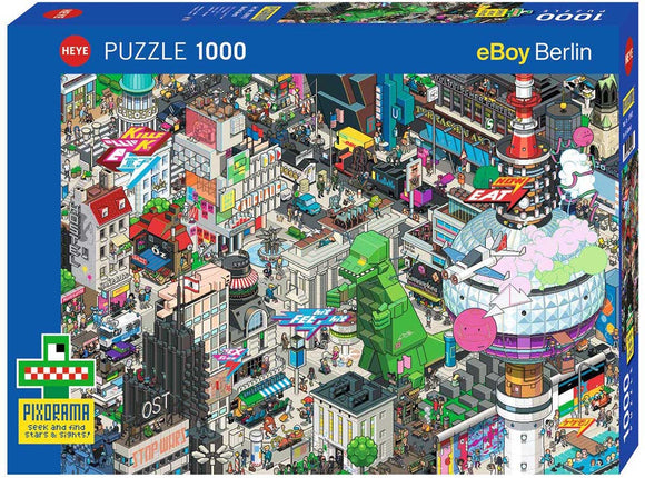 The Berlin Quest jigsaw puzzle by Heye features a vibrant and intricate illustration of Berlin's iconic sights and bustling city life, showcasing colorful buildings, streets filled with people, and notable landmarks. It is a 1000-piece puzzle that invites puzzle enthusiasts to explore and discover hidden details within the lively scene.