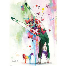 A colorful jigsaw puzzle featuring a whimsical illustration of a dancer performing a handstand, surrounded by butterflies and vibrant splashes of paint, with a small unicorn motif in the foreground. The artwork showcases a fusion of movement and fantasy, ideal for puzzle enthusiasts and art lovers.