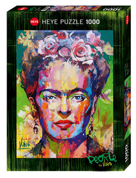 Voka Frida jigsaw puzzle by Heye featuring a vibrant, colorful portrait of Frida Kahlo with distinctive floral accents and bold brush strokes, designed for puzzle enthusiasts.