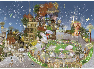 A whimsical jigsaw puzzle titled 'Pixie Dust, Fairy Park' by Heye, depicting a vibrant park scene filled with colorful flowers, charming houses, and fairies amongst bubbles and butterflies, creating a magical atmosphere.