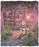 A whimsical jigsaw puzzle illustration titled 'The Bookkeeper' by Nicole Gustafsson, featuring a charming fox reading a book in a cozy library setting surrounded by shelves full of colorful books, softly lit by warm glowing lights.
