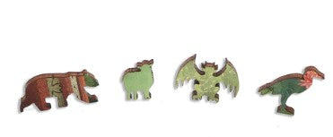 Four uniquely shaped wooden jigsaw puzzle pieces featuring a bear, a sheep, a dragon, and a bird, showcasing intricate designs and vibrant colors. These pieces are part of the Cathedral of the Changing Tides puzzle by Aaron Wolf, made by Artifact Wooden Puzzles, emphasizing nature and adventure themes.
