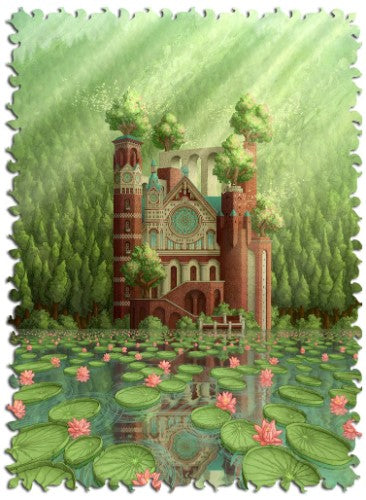 A beautifully illustrated jigsaw puzzle titled 'Cathedral of the Changing Tides' by Aaron Wolf, featuring a majestic cathedral surrounded by lush greenery and vibrant water lilies, reflecting in a serene lake under soft light.