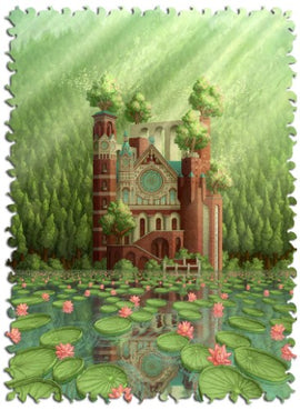 A beautifully illustrated jigsaw puzzle titled 'Cathedral of the Changing Tides' by Aaron Wolf, featuring a majestic cathedral surrounded by lush greenery and vibrant water lilies, reflecting in a serene lake under soft light.