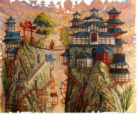 Sage of Yamatai jigsaw puzzle by Roch Urbaniak depicts a stunning landscape featuring intricate mountain structures, lush greenery, and traditional Japanese architecture. The scene is adorned with vibrant colors and engaging patterns that create a captivating visual experience for puzzle enthusiasts.
