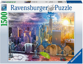 Seasons of New York Ravensburger jigsaw puzzle featuring a vibrant skyline with seasonal elements. The 1500-piece puzzle showcases the Empire State Building and the Statue of Liberty against a backdrop of a bustling city, capturing different weather conditions from snow to sunny skies.