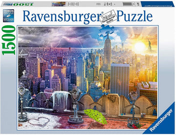 Seasons of New York Ravensburger jigsaw puzzle featuring a vibrant skyline with seasonal elements. The 1500-piece puzzle showcases the Empire State Building and the Statue of Liberty against a backdrop of a bustling city, capturing different weather conditions from snow to sunny skies.