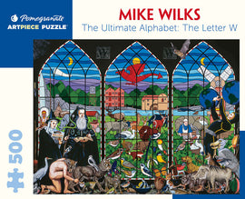 A colorful jigsaw puzzle titled 'The Ultimate Alphabet: The Letter W' by Mike Wilks, featuring intricate stained glass designs with images of various animals, landscapes, and characters. The artwork showcases a vibrant array of elements representing the letter 'W' set against a backdrop of blue and green hues.