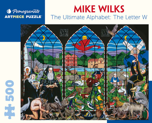 A colorful jigsaw puzzle titled 'The Ultimate Alphabet: The Letter W' by Mike Wilks, featuring intricate stained glass designs with images of various animals, landscapes, and characters. The artwork showcases a vibrant array of elements representing the letter 'W' set against a backdrop of blue and green hues.
