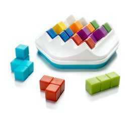 The Zig Zag Puzzler by Smart Toys and Games is a colorful mechanical puzzle featuring vibrant blocks in various colors including blue, orange, green, purple, and yellow. The main puzzle board is white with a teal base, showcasing rows of differently colored blocks arranged in Zig Zag patterns, while additional colored blocks are scattered around. This engaging puzzle challenges users to fit the blocks into the correct spaces, promoting problem-solving skills and spatial awareness.
