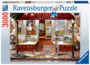 A 3000-piece jigsaw puzzle by Ravensburger titled 'Gallery of Fine Arts.' The image showcases a beautiful art gallery scene featuring several paintings, a woman admiring the artwork, and elegant outdoor decor. This puzzle combines vibrant colors and intricate details, perfect for art enthusiasts and puzzle lovers alike.