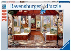 A 3000-piece jigsaw puzzle by Ravensburger titled 'Gallery of Fine Arts.' The image showcases a beautiful art gallery scene featuring several paintings, a woman admiring the artwork, and elegant outdoor decor. This puzzle combines vibrant colors and intricate details, perfect for art enthusiasts and puzzle lovers alike.