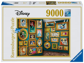 Disney Museum jigsaw puzzle by Ravensburger featuring a vibrant collection of framed Disney character artwork, including iconic figures like Ariel, Cinderella, and Mickey Mouse. The puzzle comes in a sturdy box and boasts 9000 pieces, ideal for Disney fans and puzzle enthusiasts alike, promising hours of engaging entertainment.