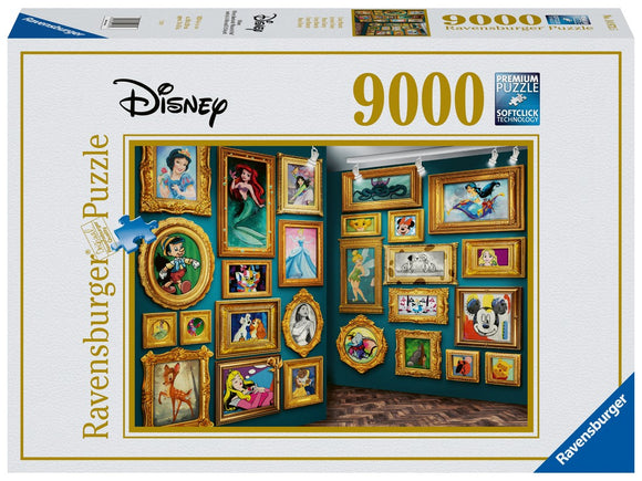 Disney Museum jigsaw puzzle by Ravensburger featuring a vibrant collection of framed Disney character artwork, including iconic figures like Ariel, Cinderella, and Mickey Mouse. The puzzle comes in a sturdy box and boasts 9000 pieces, ideal for Disney fans and puzzle enthusiasts alike, promising hours of engaging entertainment.