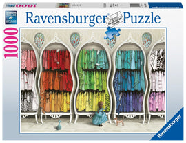 The Ravensburger jigsaw puzzle titled 'Fantastic Fashionist' features a whimsical illustration of a girl in a blue dress admiring colorful clothes arranged in elegant wardrobes. The puzzle contains 1000 pieces and showcases vibrant hues such as pink, red, green, yellow, and blue, creating a visually striking and playful scene perfect for fashion lovers and puzzle enthusiasts alike.