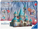 Ravensburger Frozen Castle jigsaw puzzle featuring a 3D representation of a colorful castle from Disney's Frozen II. The castle is adorned with scenes and characters from the movie, including Elsa, Anna, and Olaf. The image shows the puzzle box with structured pieces and engaging visuals, suitable for ages 12 and up. It highlights the premium quality and easy-click technology for assembly.