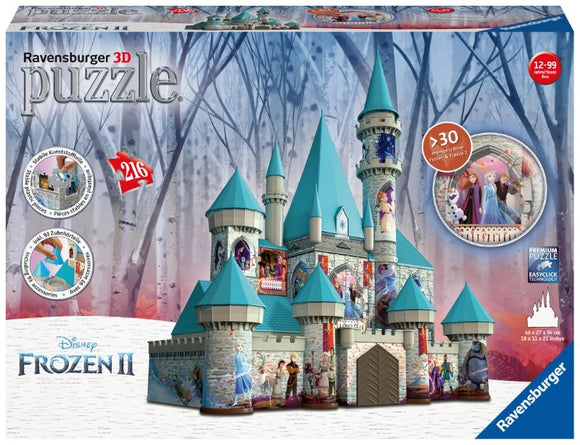Ravensburger Frozen Castle jigsaw puzzle featuring a 3D representation of a colorful castle from Disney's Frozen II. The castle is adorned with scenes and characters from the movie, including Elsa, Anna, and Olaf. The image shows the puzzle box with structured pieces and engaging visuals, suitable for ages 12 and up. It highlights the premium quality and easy-click technology for assembly.