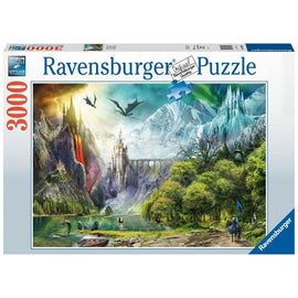 The box of the Reign of Dragons jigsaw puzzle by Ravensburger featuring a stunning fantasy landscape. The artwork shows dragons flying over majestic mountains, a castle on a hill, a waterfall, and a serene lake with lush greenery in the foreground. The box states '3000 pieces' and highlights Ravensburger's soft-click technology for a premium puzzle experience.