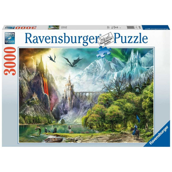 The box of the Reign of Dragons jigsaw puzzle by Ravensburger featuring a stunning fantasy landscape. The artwork shows dragons flying over majestic mountains, a castle on a hill, a waterfall, and a serene lake with lush greenery in the foreground. The box states '3000 pieces' and highlights Ravensburger's soft-click technology for a premium puzzle experience.