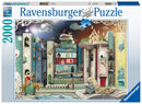 Ravensburger Novel Avenue jigsaw puzzle featuring a whimsical library scene. The puzzle showcases stacks of colorful books, characters interacting with animals, and imaginative elements such as a girl reading on a giant open book. Comprising 2000 pieces, this puzzle offers a vibrant and enchanting world to piece together, ideal for puzzle enthusiasts and families.