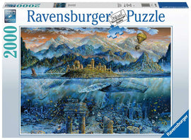 A beautifully illustrated Ravensburger jigsaw puzzle titled 'Wisdom Whale,' featuring an underwater scene with a massive whale, colorful fish, and stunning landscapes above the water showcasing mountains and a castle. The puzzle comes in a box labeled 2000 pieces, highlighting vibrant colors and intricate details.