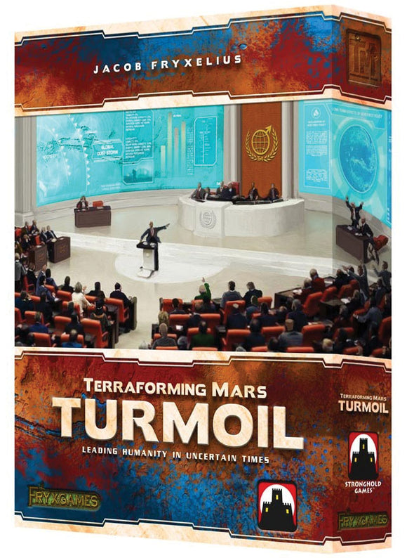 The box cover of the board game 'Terraforming Mars: Turmoil' by Stronghold Games. The vibrant artwork showcases a council chamber filled with people discussing global issues, with digital displays showing charts and data. The title 'Terraforming Mars: Turmoil' is prominently featured at the bottom.
