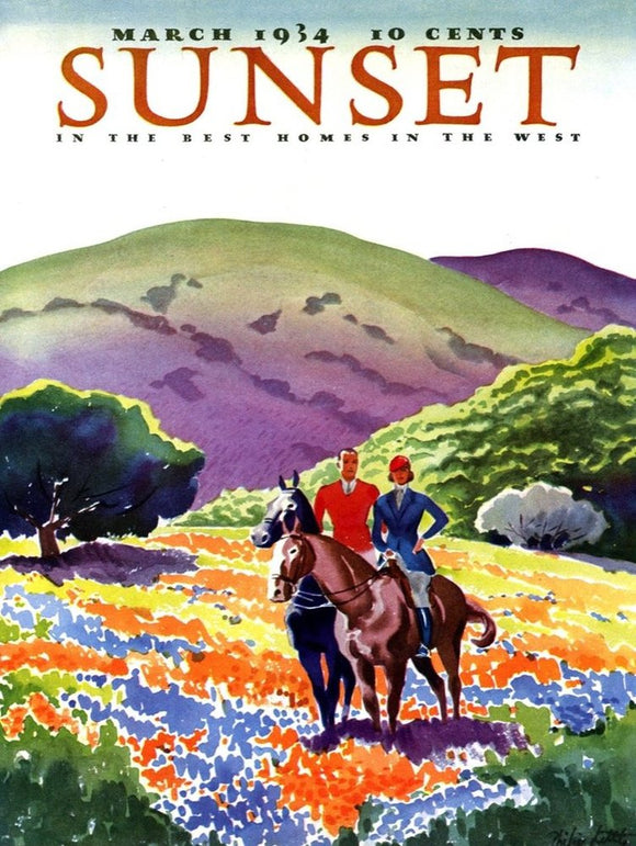 A picturesque jigsaw puzzle featuring horses in a vibrant hillside landscape with blooming flowers. Two riders in traditional attire stand next to their horses, set against rolling hills in soft pastels. Ideal for puzzle enthusiasts and nature lovers alike.
