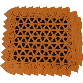Helic mechanical puzzle designed by Jean-Claude Constantin, featuring intricate interlocking wooden pieces. The puzzle has a geometric pattern, showcasing craftsmanship with a rich brown finish.