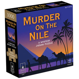 Murder on the Nile Jigsaw Puzzle by University Games, featuring a colorful illustration of a desert landscape with camels and palm trees in front of pyramids. The box displays 'Murder on the Nile' prominently, signifying a mystery theme, designed for 15 and up, containing 1000 pieces.