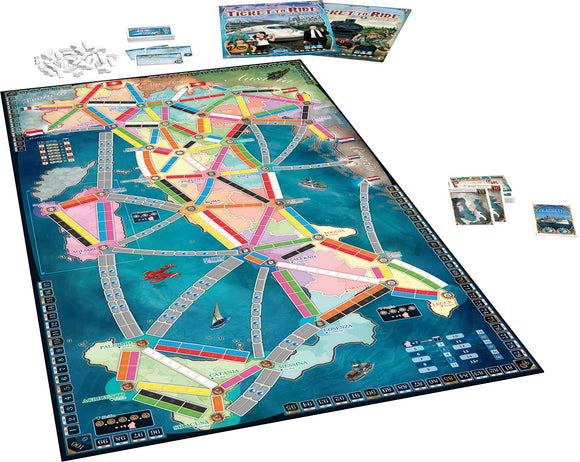 Ticket to Ride: Japan & Italy Expansion board game by Days of Wonder. Features a colorful game board depicting routes across Japan and Italy, with train pieces and cards displayed alongside the box. Ideal for strategy and adventure gaming enthusiasts.