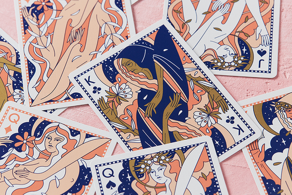 Colorful Lady Moon playing cards featuring intricate illustrations of mystical women and floral designs. The cards showcase vibrant colors and artistic detail, perfect for games and collector displays.