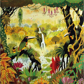 A vibrant jigsaw puzzle depicting a lush tropical scene with a waterfall surrounded by greenery and colorful toucans perched on branches. The intricate details highlight a variety of plants and flowers, creating an immersive jungle atmosphere.