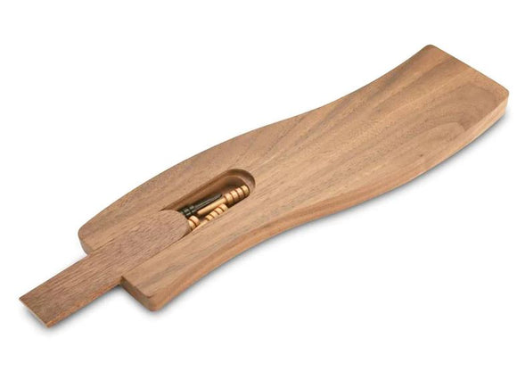Elegant Walnut S Curve Cribbage Board by Heartwood Creations featuring a smooth, curved design with a compartment for pegs, perfect for family game nights.