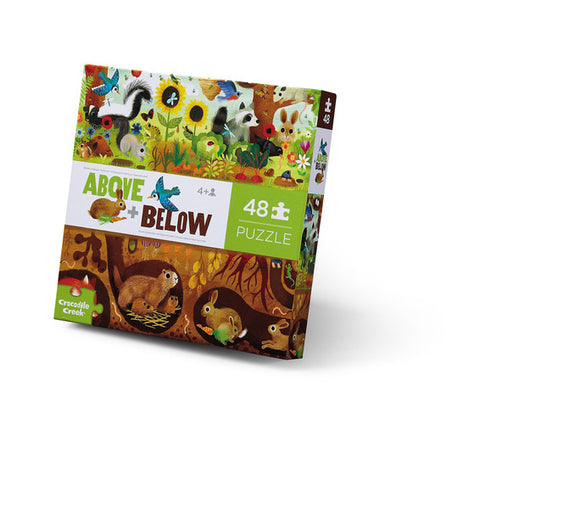 A colorful jigsaw puzzle box featuring the title "Above & Below" by Crocodile Creek, showcasing vibrant illustrations of animals and nature with a total of 48 pieces, suitable for children aged 4 and up.