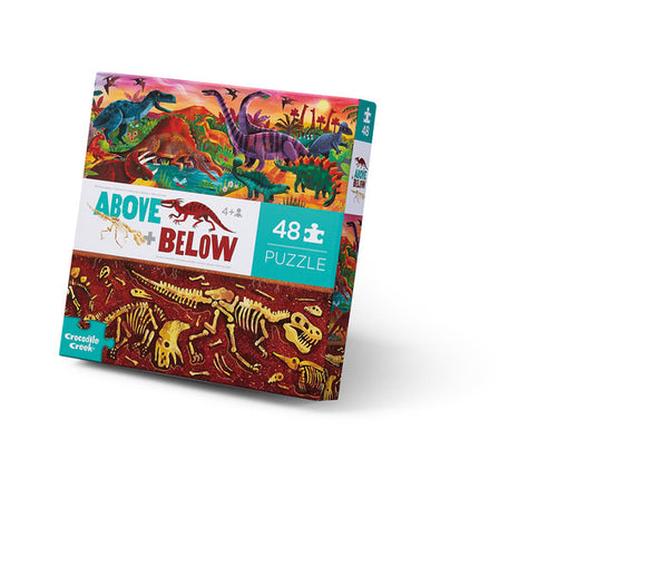Above & Below Dinosaur World jigsaw puzzle by Crocodile Creek featuring vibrant dinosaur illustrations on top and colorful dinosaur skeletons on the bottom, 48 pieces.