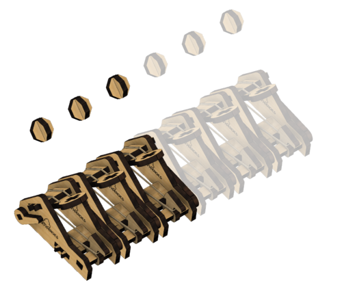 A set of six wooden catapults crafted from high-quality materials, featuring intricate engravings and designed for DIY assembly. The kit includes circular discs for projectile launching, showcasing a clever and fun design perfect for ages 8 and up.