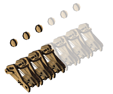 A set of six wooden catapults crafted from high-quality materials, featuring intricate engravings and designed for DIY assembly. The kit includes circular discs for projectile launching, showcasing a clever and fun design perfect for ages 8 and up.