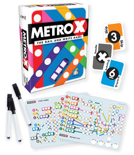 Metro X game box featuring vibrant colored design with circular patterns. Includes game cards for Skip and Transfer actions and double-sided game boards titled Tube Town and Metro City. Also displayed are two white dry erase pens. Suitable for family fun and strategic gameplay.