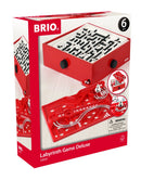 Labyrinth Game Deluxe by Brio featuring a colorful wooden maze and a metal ball. The game is designed for children aged 6 and up, encouraging fine motor skills and problem-solving. The striking red box displays intricate maze pathways and includes a unique guide for navigating the labyrinth. A fun challenge for family game nights.