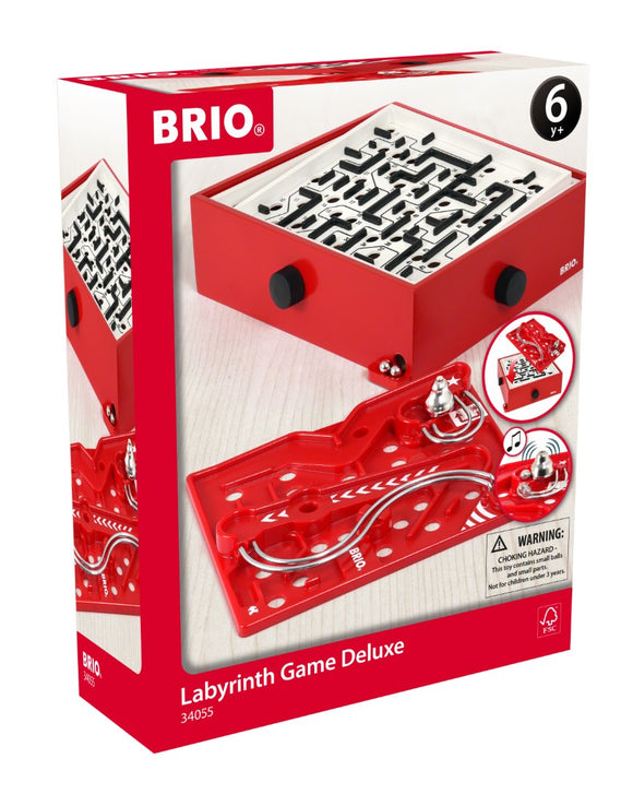 Labyrinth Game Deluxe by Brio featuring a colorful wooden maze and a metal ball. The game is designed for children aged 6 and up, encouraging fine motor skills and problem-solving. The striking red box displays intricate maze pathways and includes a unique guide for navigating the labyrinth. A fun challenge for family game nights.
