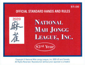 2020 Mah Jongg Card featuring the National Mah Jongg League Inc logo. The card highlights official standard hands and rules, marked with '83rd Year' and the price of $9.00. Set against a red background, it represents the official game rules for Mah Jongg enthusiasts.