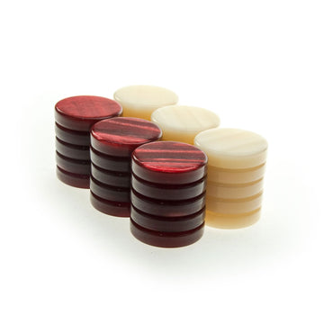 A collection of checkers in red and ivory colors, featuring six 6mm pieces with a smooth finish. The red pieces have a rich hue, while the ivory pieces are light, perfect for creating a stylish game setup.