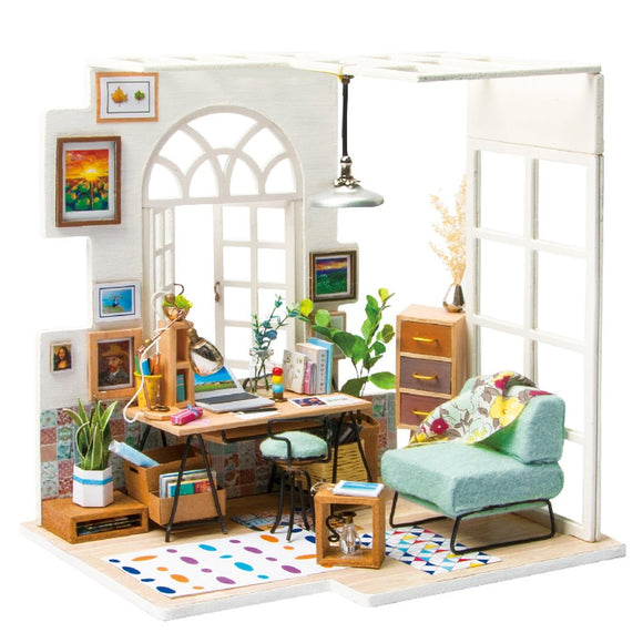 The SOHO Time DIY Miniature House Model Kit features a charming miniature room with a desk, chair, bookshelves, and decorative items. The scene includes plants, a cozy armchair, and artistic wall decor, perfect for hobbyists and collectors. This intricately designed DIY kit allows you to create an inviting living space filled with details.