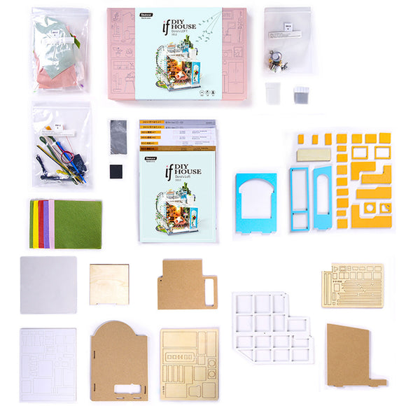Dora's Loft DIY Model Kit by Robotime, featuring an assortment of colorful building materials, tools, and detailed instructions. The kit includes various components, such as wood, felt, and plastic pieces, arranged neatly around the main project box, designed to create a miniature loft model. Ideal for creative enthusiasts and hobbyists.