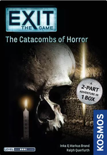 Exit: The Catacombs of Horror board game by Thames & Kosmos featuring a dark-themed cover with a skull, candle, and eerie background, promising a two-part adventure.