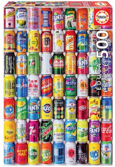 A colorful jigsaw puzzle featuring 500 pieces, showcasing an array of soft drink cans in various colors and designs. The puzzle displays popular brands like Coca-Cola, Fanta, and Sprite, arranged in a vibrant grid format, making it a fun and engaging challenge for puzzle lovers and collectors.