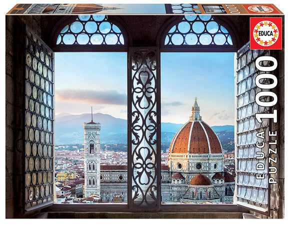 Educa VIEWS OF FLORENCE jigsaw puzzle featuring a stunning view of Florence, Italy, through ornate window frames. The puzzle has 1000 pieces and highlights iconic architecture, including the Cathedral of Santa Maria del Fiore and Giotto's Campanile against a beautiful sky.
