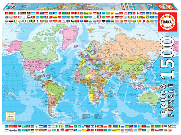 Educa Political World Map jigsaw puzzle featuring vibrant colors and detailed geographical features. The puzzle contains 1500 pieces and shows countries, capitals, and flags around the edge, making it both educational and entertaining for puzzle enthusiasts.
