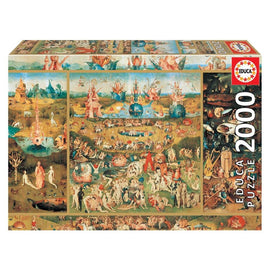 Educa jigsaw puzzle titled 'Garden of Delights' featuring a highly detailed and intricate design based on Hieronymus Bosch's artwork. This 2000-piece puzzle showcases fantastical scenes filled with vibrant colors, whimsical characters, and surreal landscapes typical of Bosch's style, offering a challenging and engaging experience for puzzle enthusiasts.