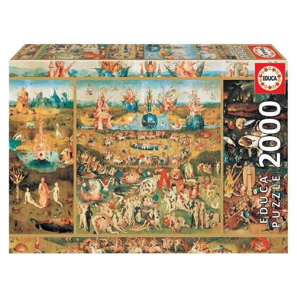 Educa jigsaw puzzle titled 'Garden of Delights' featuring a highly detailed and intricate design based on Hieronymus Bosch's artwork. This 2000-piece puzzle showcases fantastical scenes filled with vibrant colors, whimsical characters, and surreal landscapes typical of Bosch's style, offering a challenging and engaging experience for puzzle enthusiasts.